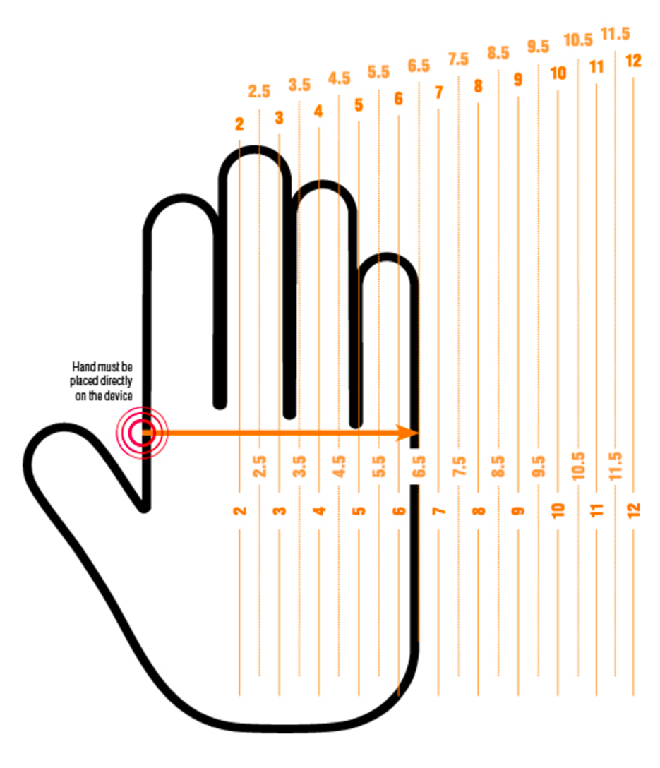 Glove size template: hand outline with size scale