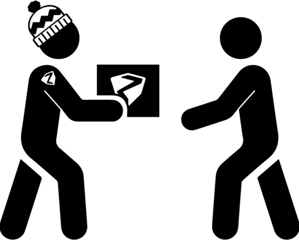 Piktogramm: eine Person überreicht einer anderen ein Paket mit ZIENER Logo